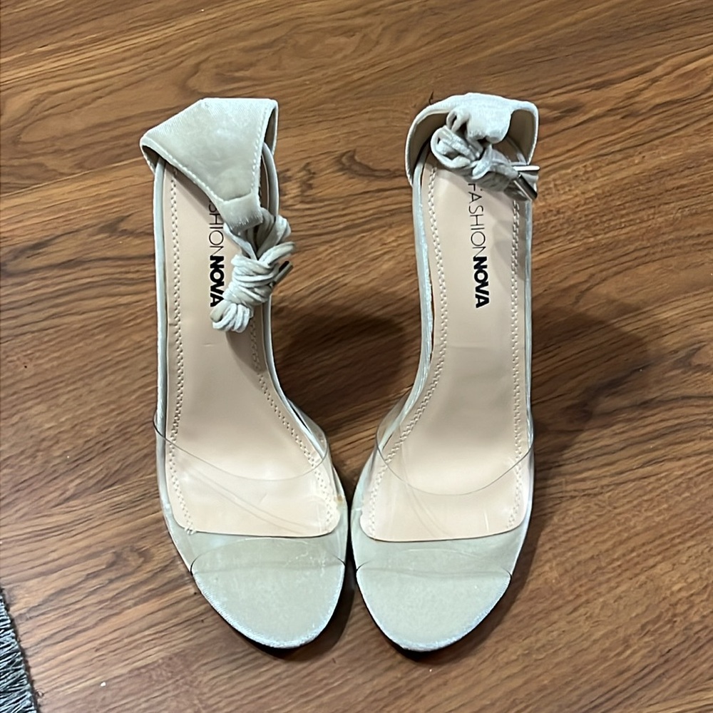 Nude heels with clear foot strap
